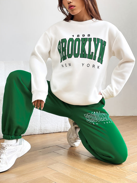 Letter Print Workout Two-piece Set, Crew Neck Long Sleeve Sweatshirt & Long Length Jogger Pants Outfits, Women's Clothing