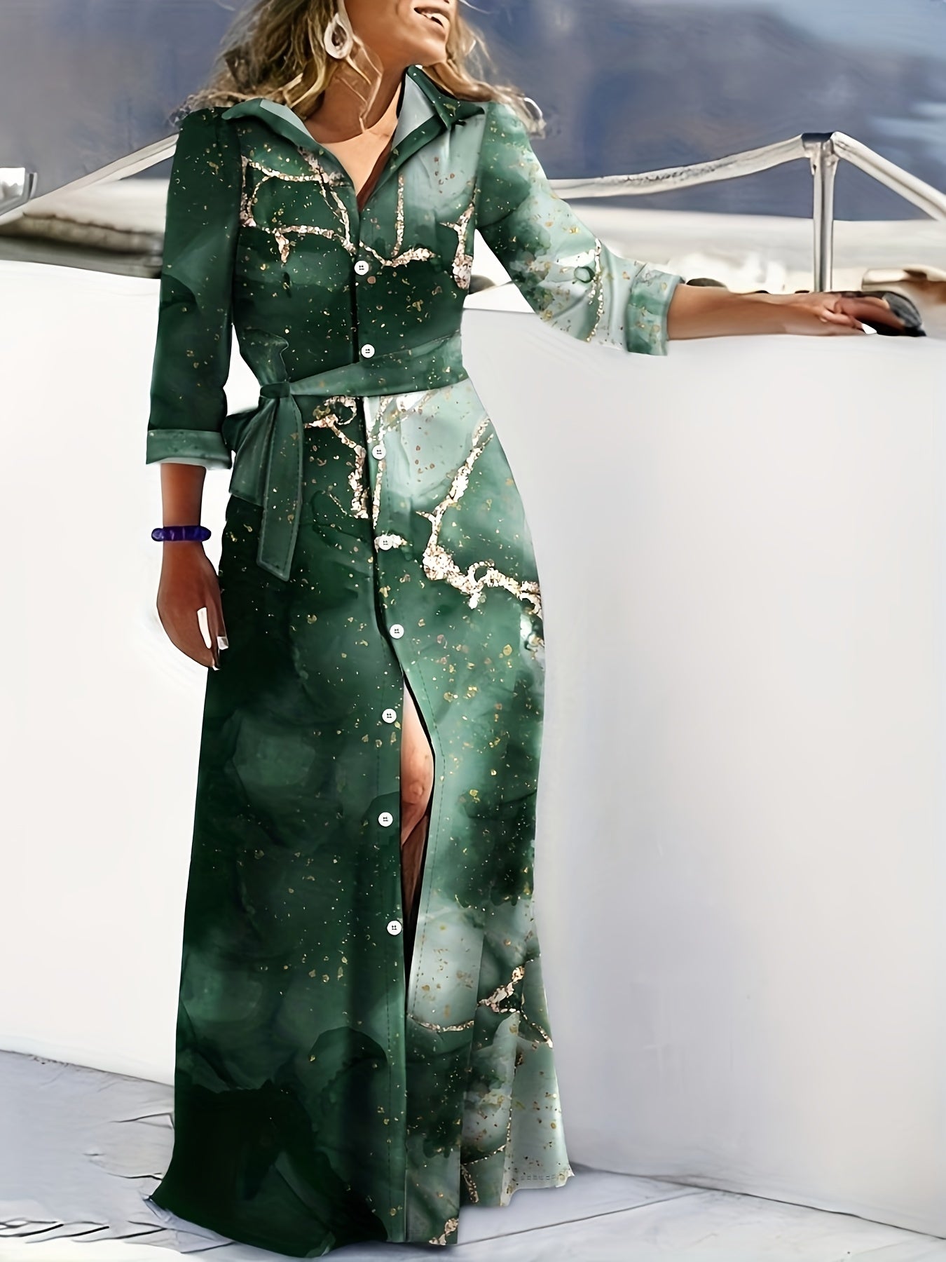 Striped Print Maxi Dress, Casual Button Front Long Sleeve Dress, Women's Clothing
