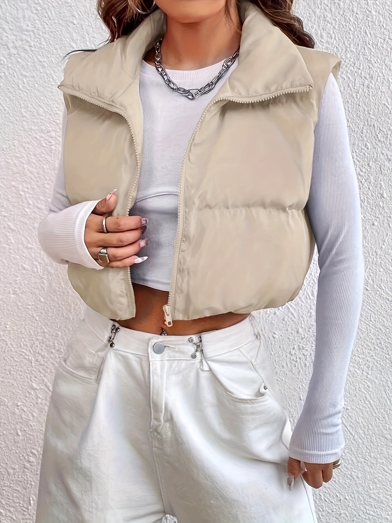 Zip Up Cropped Vest Coat, Casual Solid Sleeveless Stand Collar Outerwear, Women's Clothing