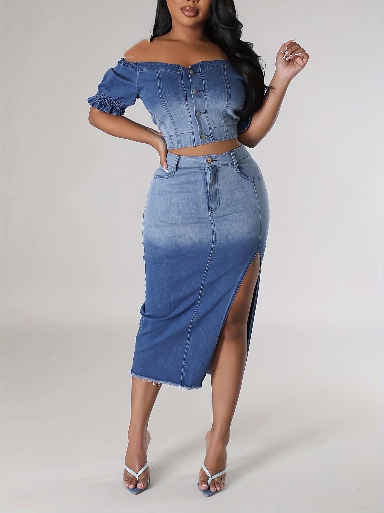 Ombre Washed Side Split Raw Hem Denim Skirt, Medium Stretch High Rise Hot Midi Denim Skirt Without Top, Women's Denim Jeans & Clothing