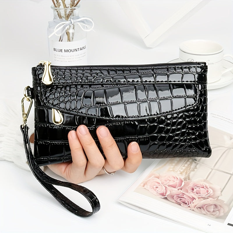 Fashion Crocodile Pattern Clutch, Trendy Credit Card Holder, Women's Stylish Wristlet & Wallet