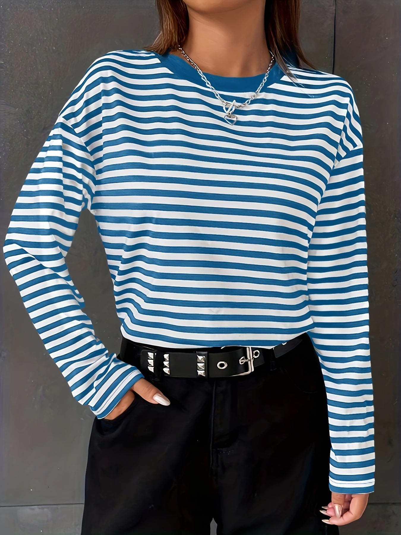 Striped Print Crew Neck T-Shirt, Casual Long Sleeve Top For Spring & Fall, Women's Clothing