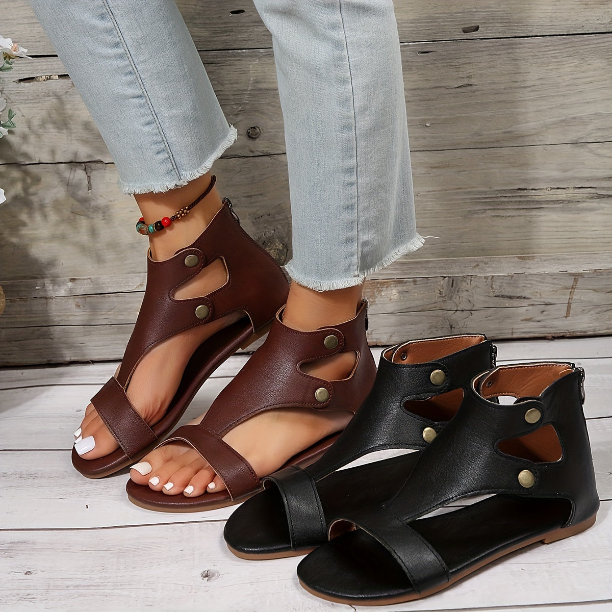 Women's Trendy Cutout Design Sandals, Fashion Open Toe Summer Shoes, Lightweight Back Zipper Sandals