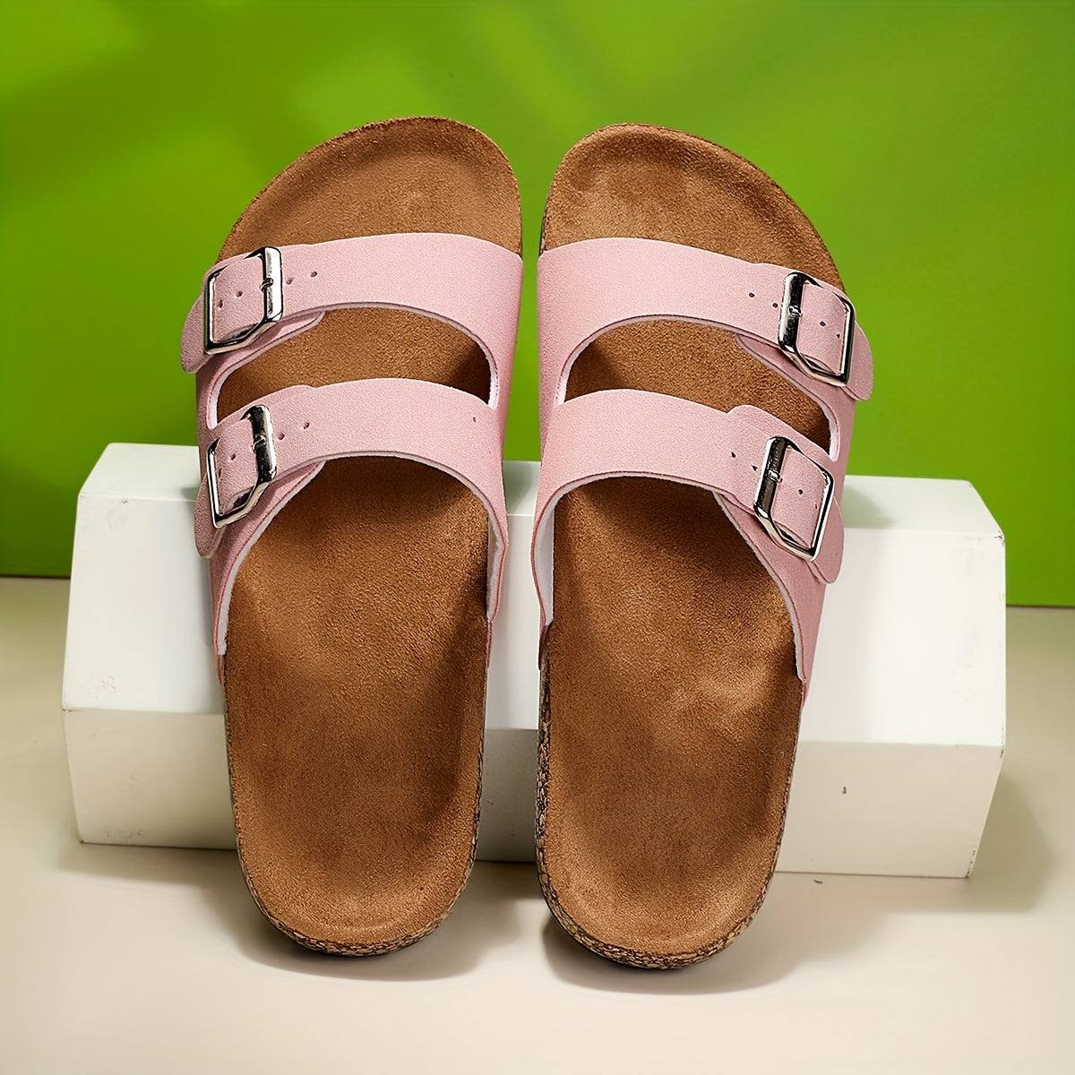 Women's Solid Color Sandals, Slip On Double Buckle Strap Soft Sole Wear-resistant Slides Shoes, Outdoor Comfy Beach Shoes