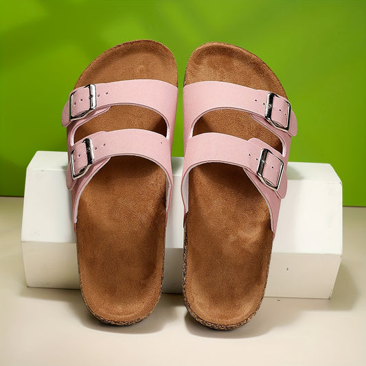 Women's Solid Color Sandals, Slip On Double Buckle Strap Soft Sole Wear-resistant Slides Shoes, Outdoor Comfy Beach Shoes