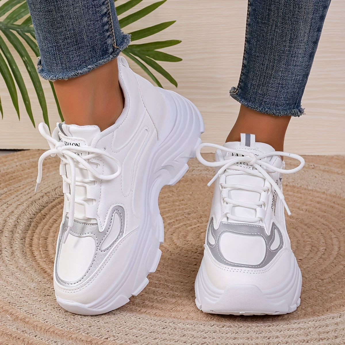 Women's Chunky Sneakers, Trendy Hight Increasing Lace Up Walking Trainers, All-Match Low Top Shoes