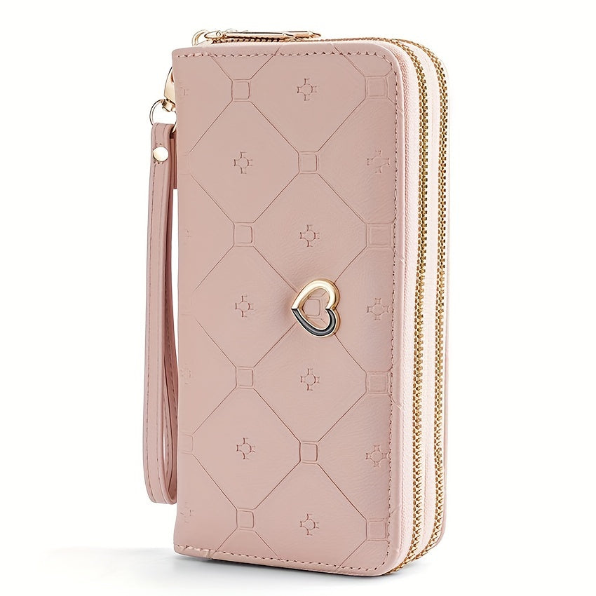 Women's Wallet With Double Zippers, Large Capacity Classic Fashion Clutch Wallet, Solid Color With Geometric Pattern Purse
