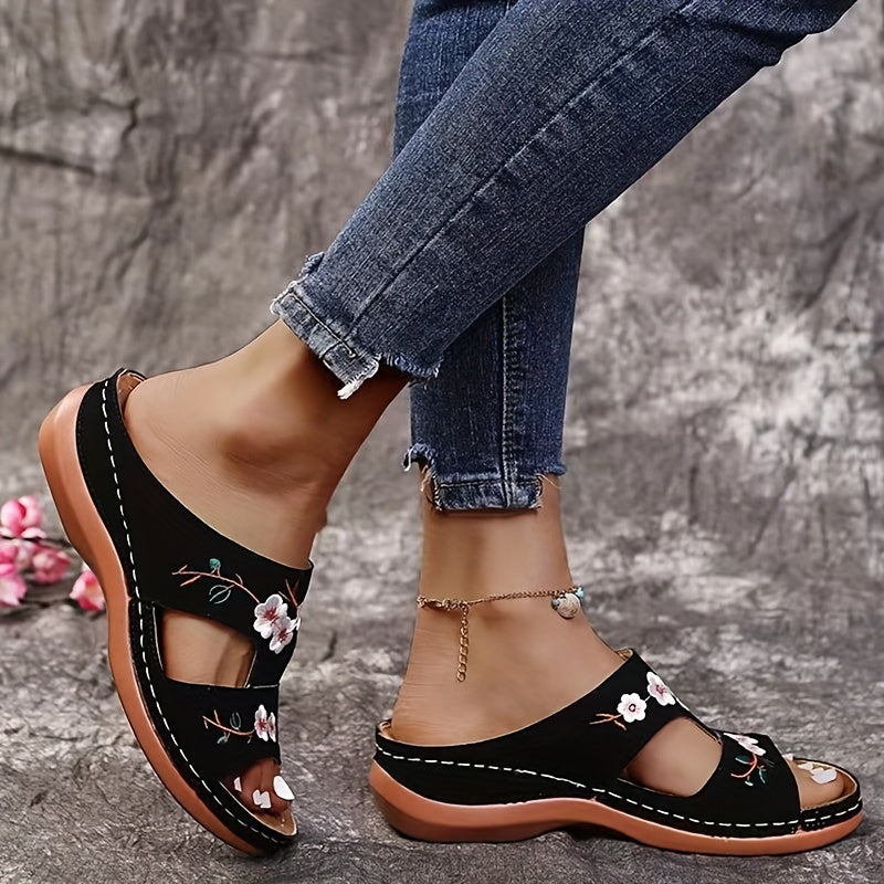 Women's Flower Pattern Wedge Heeled Sandals, Casual Open Toe Summer Shoes, Comfortable Slip On Sandals