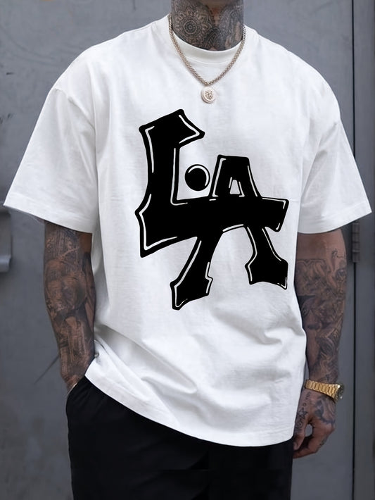 Men's Los Angeles Print Short Sleeve T-Shirts, Comfy Casual Elastic Crew Neck Tops, Men's Clothing