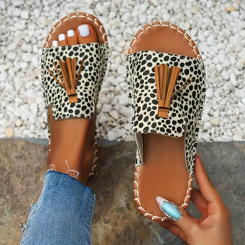 Women Leopard Print Random Flats Slippers Fringe Sandals Casual Shoes Flip Flops Beach Shoes Slingback Slides