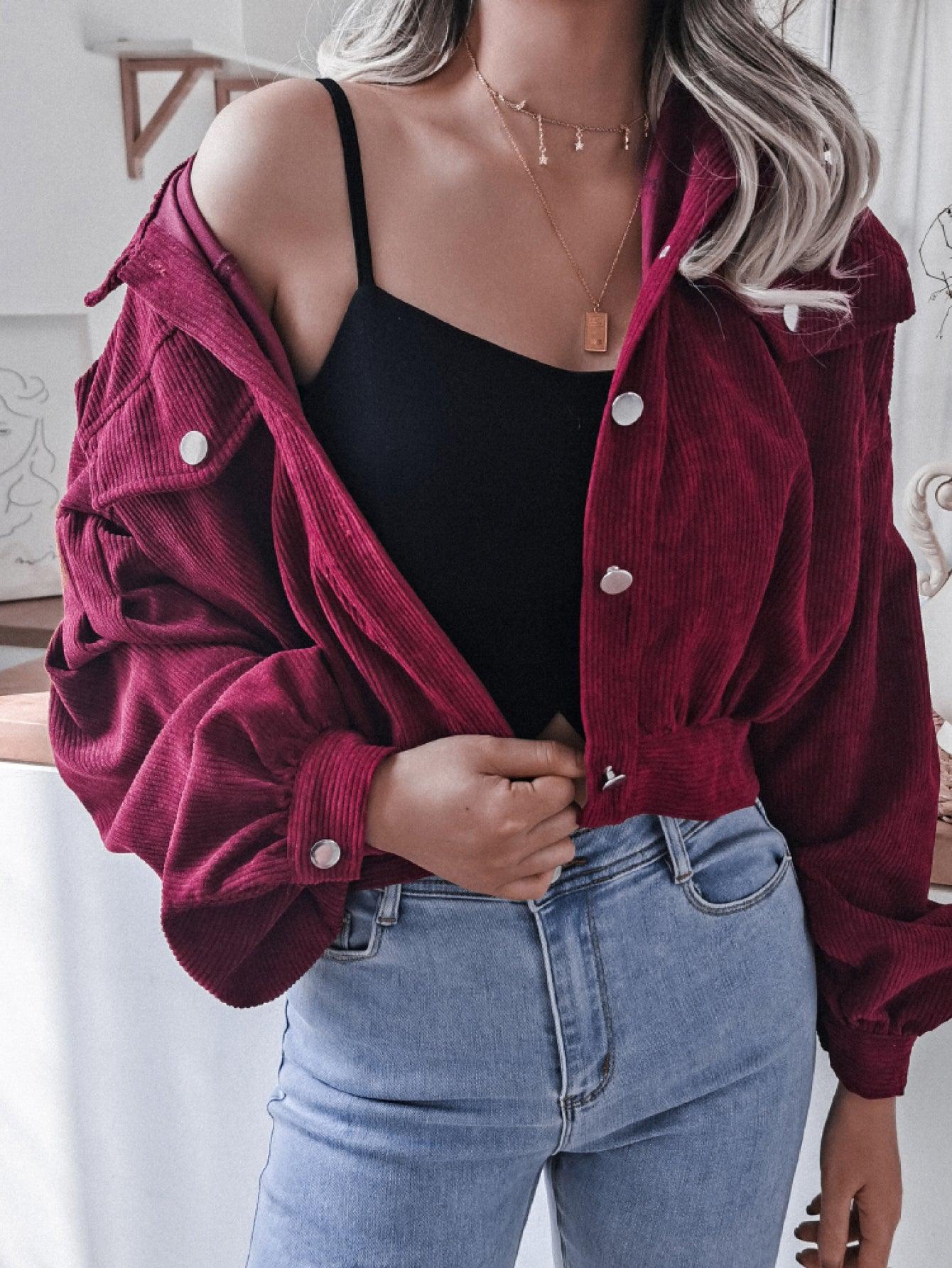 Lantern Sleeve Cropped Corduroy Jacket For Women