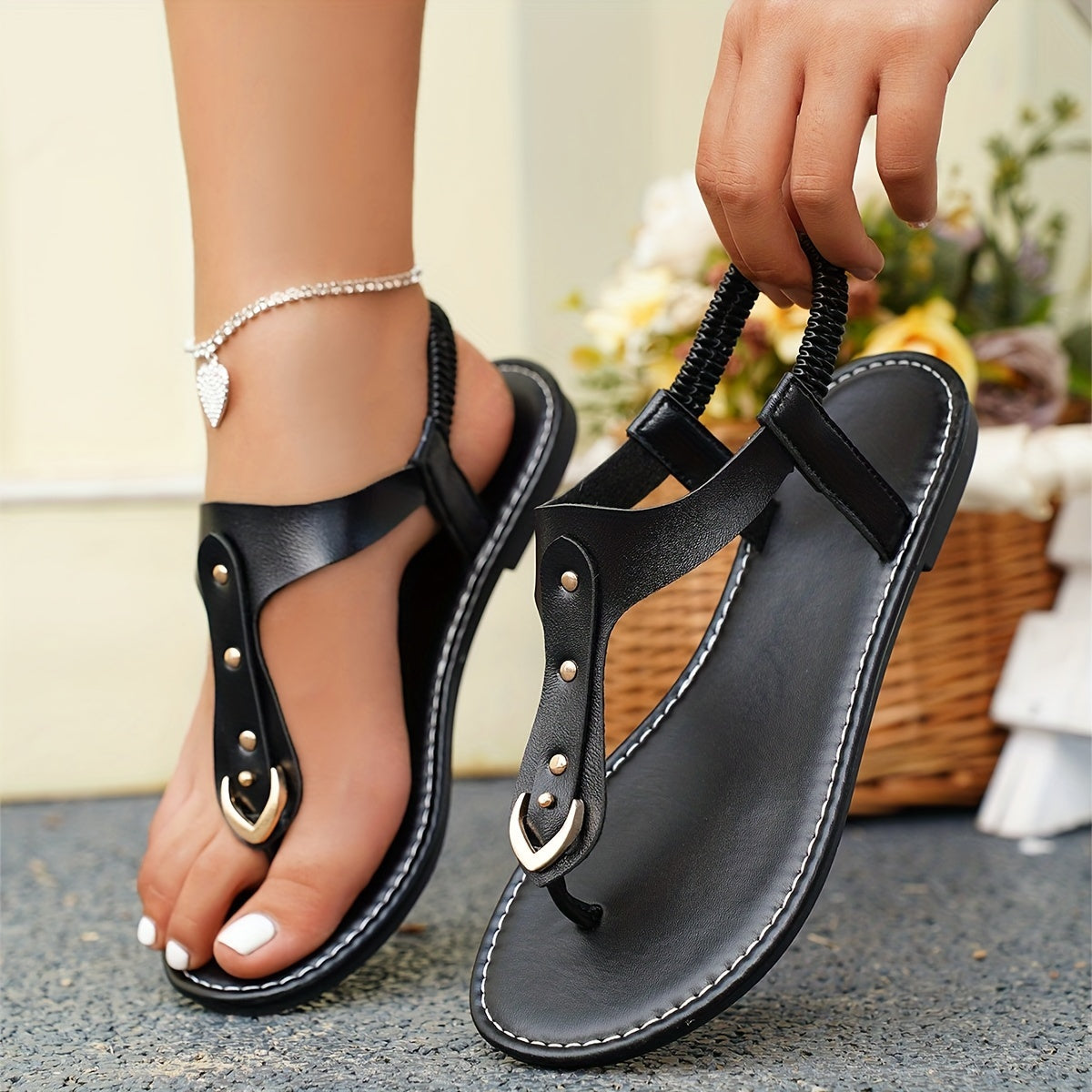 Women's Clip Toe Flat Sandals, Casual Elastic Band Summer Shoes, Lightweight Beach Sandals