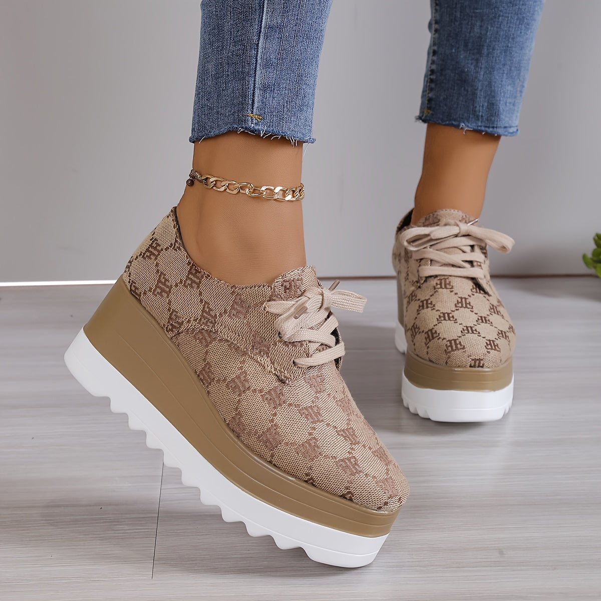 Women's Geometric Pattern Wedge Heeled Shoes, Casual Lace Up Outdoor Shoes, Comfortable Low Top Sneakers