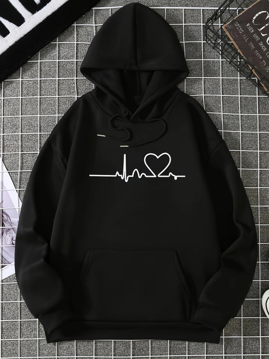 Heart Print Drawstring Casual Hoodie, Felpa Con Cappuccio Sportiva A Manica Lunga Con Tasca Frontale, Abbigliamento Da Donna