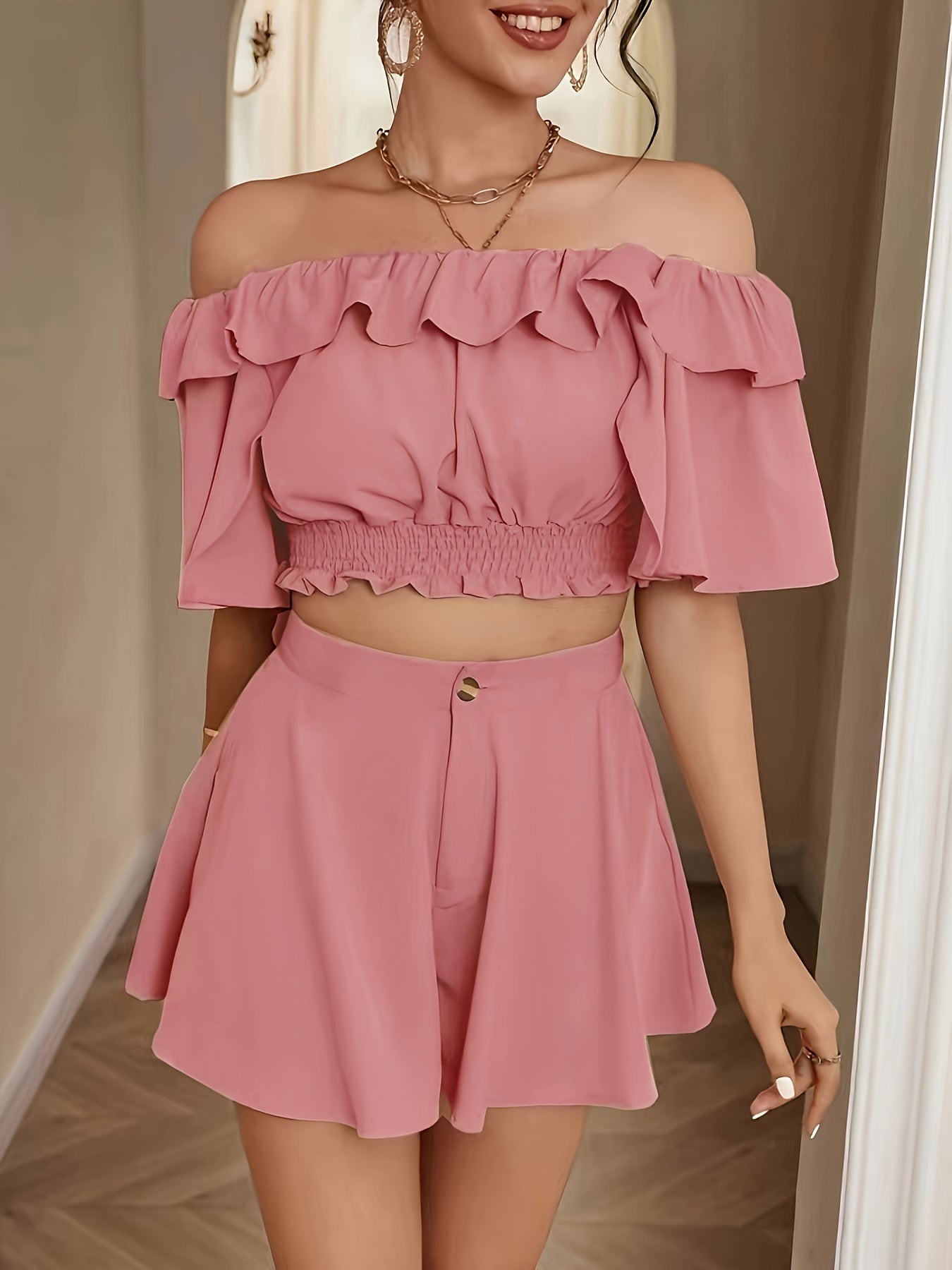 Solid Color Two-piece Set, Casual Off-shoulder Ruffle Trim Crop Top & Loose Flare Shorts Outfits, Women's Clothing