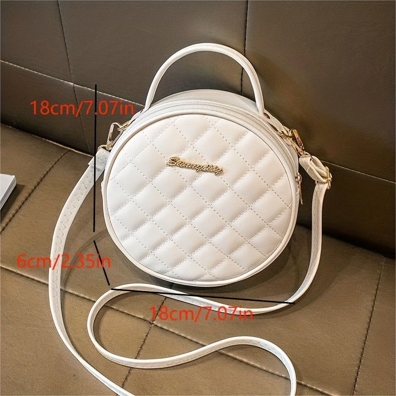 Argyle Quilted Round Bag, Letter Decor Crossbody Bag, Top Handle PU Circle Purse For Women