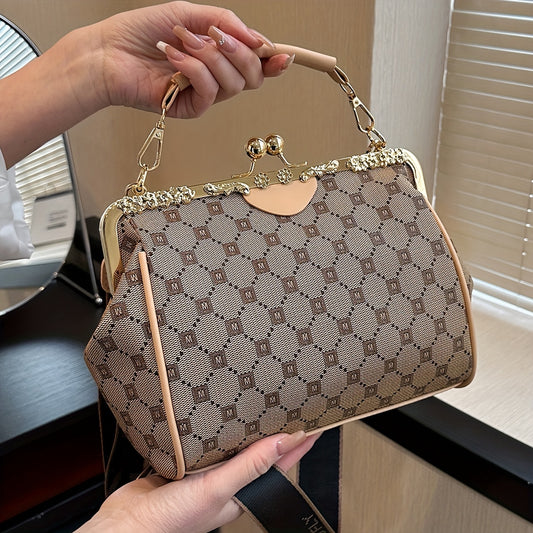 Classic Kiss-Lock Shoulder Bag, Retro Textured Top Handle Purse, Women's PU Leather Letter Plaid Pattern Bag