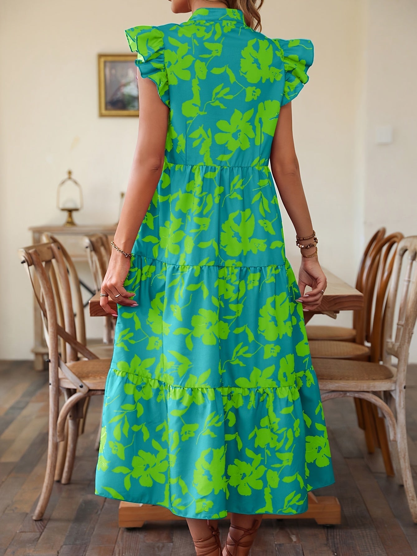 Floral Print V Neck Dress, Elegant Ruffle Sleeve Dress For Spring & Summer, Women's Clothing