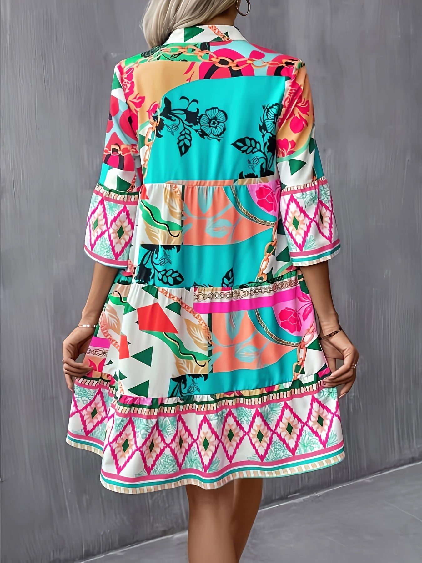 Ethnic Style V Neck Dress, Elegant Short Sleeve Trapeze Dress For Spring & Summer, Women's Clothing