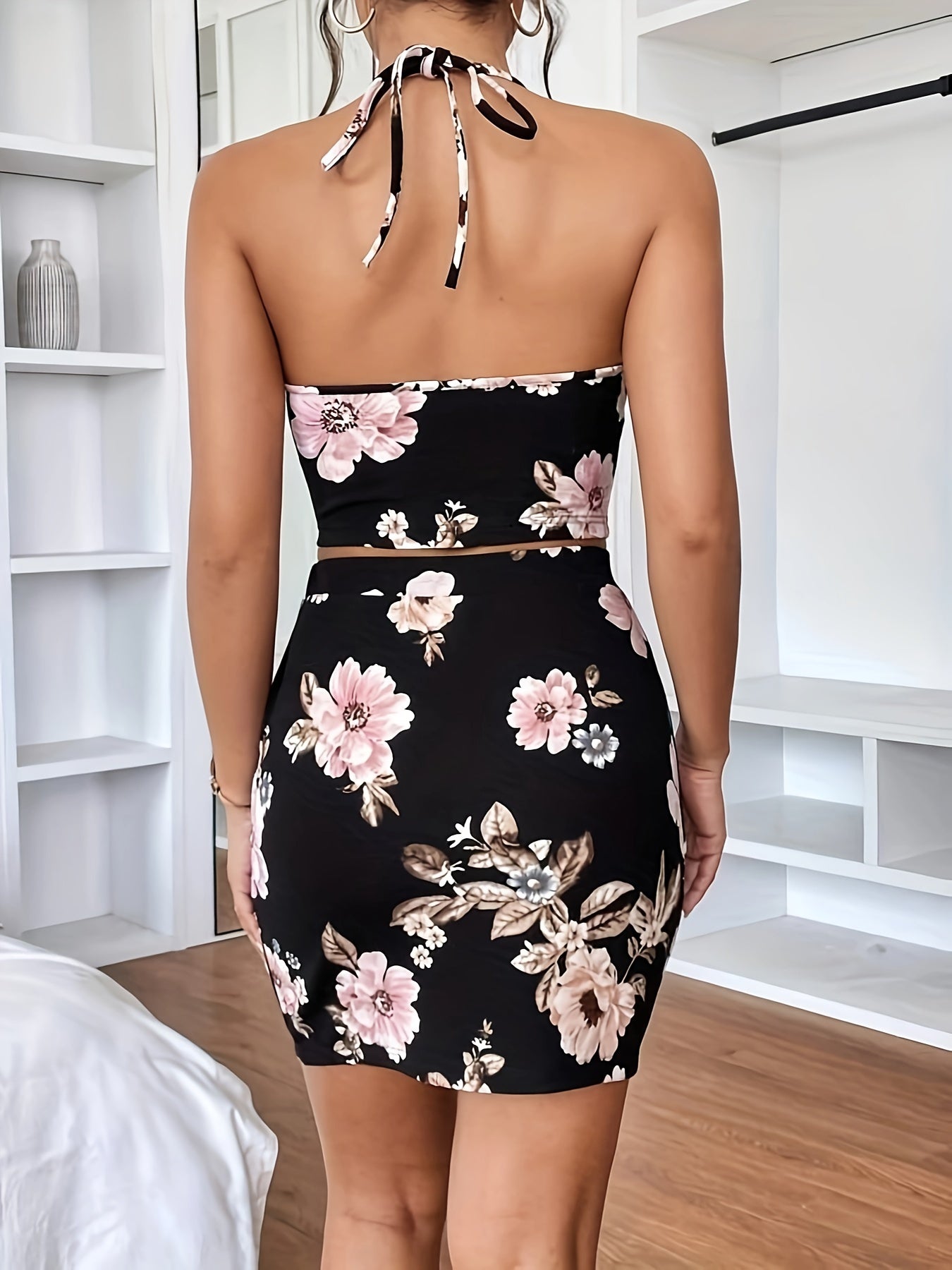 Floral Print Elegant Skirt Suit, Halter Neck Backless Slim Crop Cami Top & High Waist Bodycon Skirt Outfits, Women's Clothing