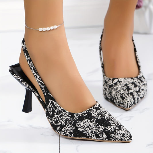 Women's Flower Pattern Stiletto Heels, Fashion Point Toe Dress Pumps, Stylish Ankle Strap Slingback Heels