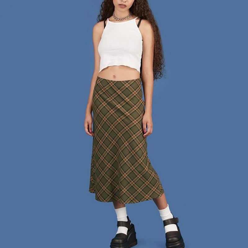 Elizabath E-girl Plaid High Waist Mermaid Skirts Women Streetwear Cotton Long Skirts Chic Vintage Y2K Style Ladies Bottoms Summer