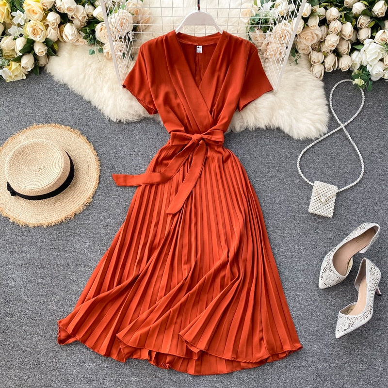 LANFUBEISI Autumn Fashion New Female Solid Pleated Dress Women V neck Short Sleeves Sashes Long Dresses Summer Streetwear Vintage