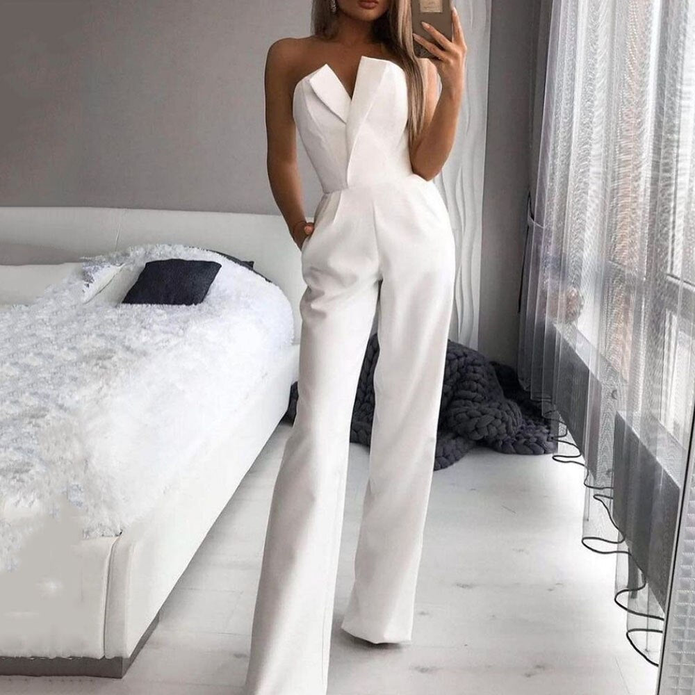 Nukty Elegant Strapless Long Rompers Women Jumpsuit Summer Sleeveless Wide Leg Club Party Outfits Lady Plus Size 3XL White Overalls