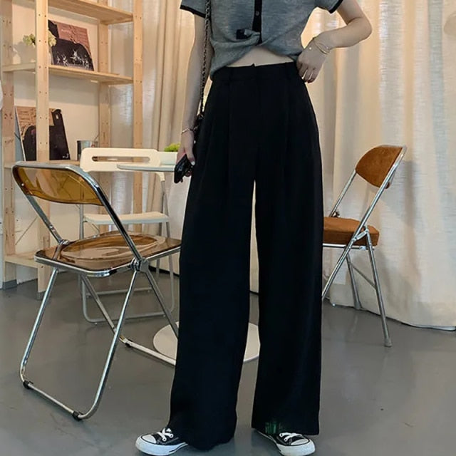 JMPRS Summer Loose Pants Fashion High Waist Thin Wide-leg Pants Simple Solid Black Casual Korean Trousers Korean New 2021