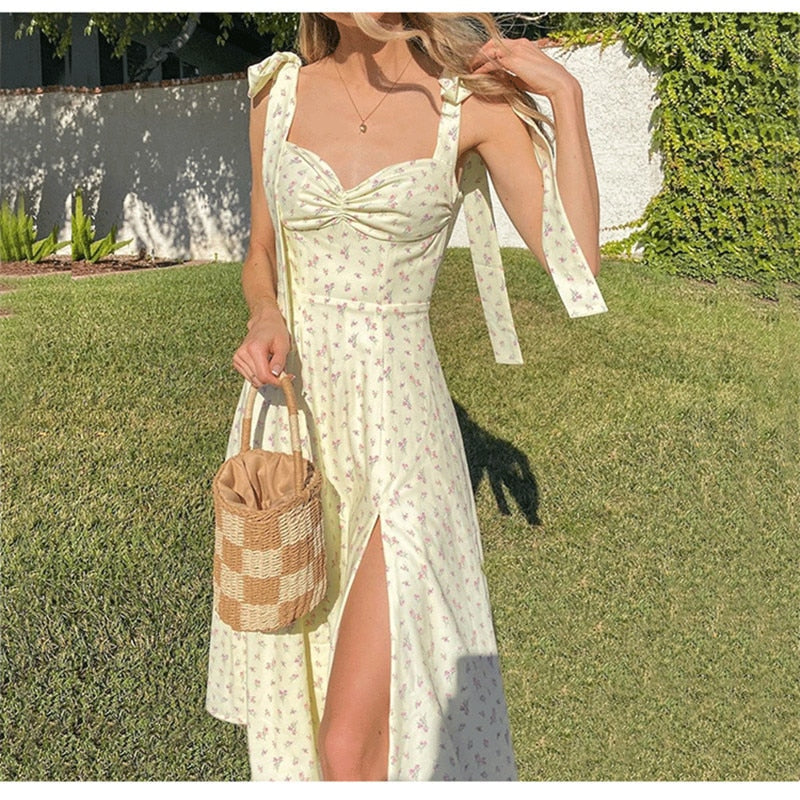 Yeknu Dress Women Sexy Side Split Floral Ladies Dress Yellow Printn Summer Sleeveless Tie Up Bow Strap Elegant Midi Dresses Casual