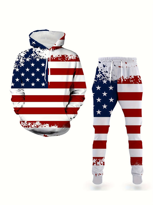 2pcs Set di pigiami da uomo con fantasia della bandiera americana stampata in 3D, con cappuccio e pantaloni con coulisse a manica lunga, abbigliamento da uomo alla moda