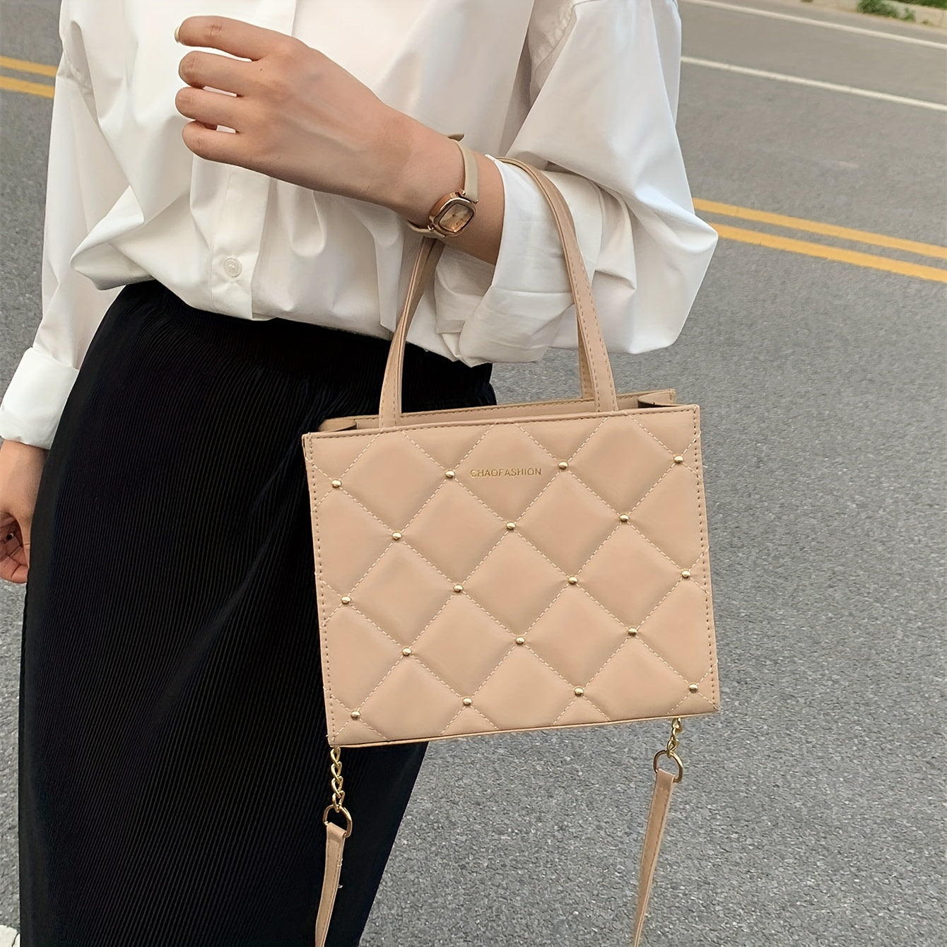 Classic Rivets Decor Square Handbag, Argyle Pattern Women's Crossbody Bag, Solid Color Satchel Bag