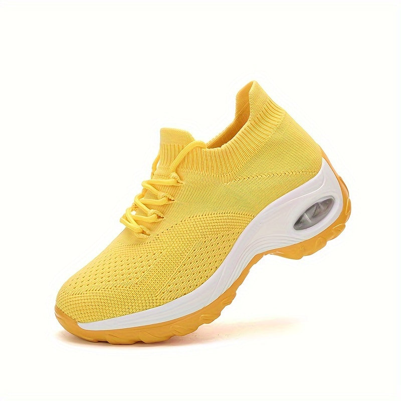 Women's Solid Color Knitted Sneakers, Lace Up Platform Soft Sole Casual Walking Shoes, Low-top Breathable Trainers