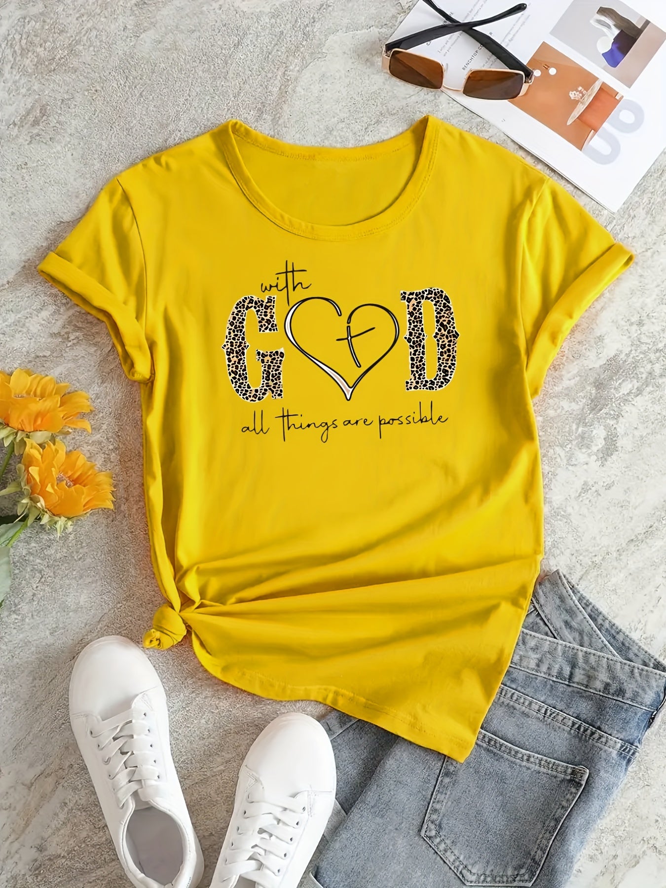 With God Print T-Shirt, Summer Short Sleeve Crew Neck Casual Top, Women's Clothing