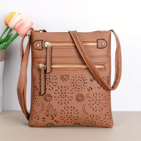 Hollow Out Crossbody Bag, Retro Flower Pattern Shoulder Bag, Womens Multi Zipper Square Purse For Phone