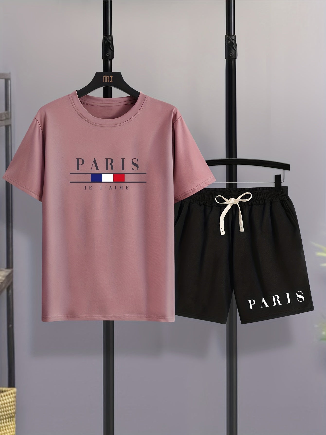 ''PARIS'' Print, Men's 2Pcs, Casual T-shirt And Loose Drawstring Shorts For Running, Training