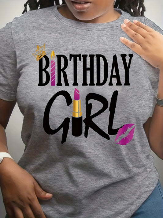 Birthday Girl Letter Print T-shirt, Short Sleeve Crew Neck Casual Top For Summer & Spring, Women's Clothing