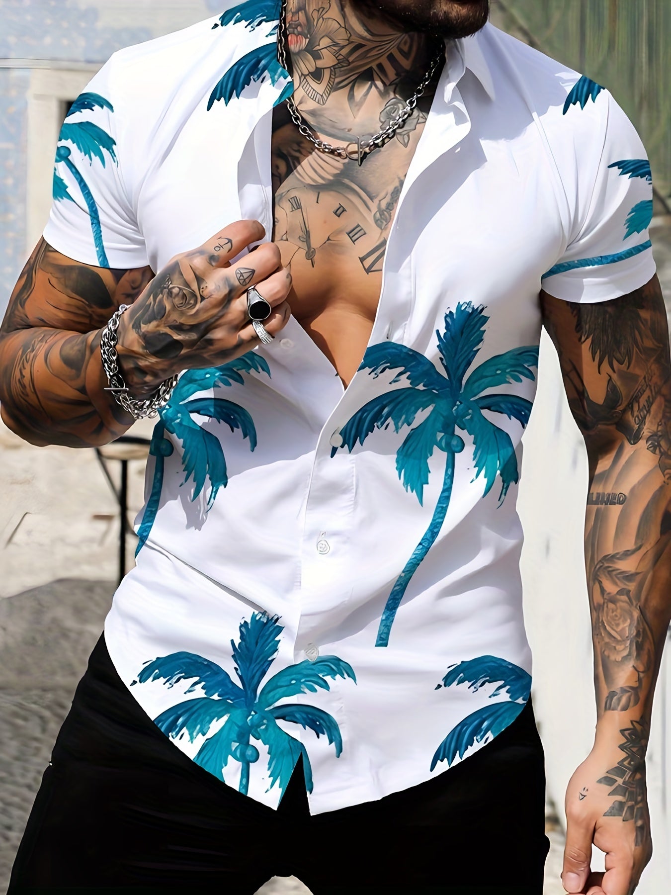 Men's Hawaiian Shirts, Coconut Palm 3D Print Fashion Short Sleeve V-neck Button Down Shirts, Men's Summer Clothes, Casual Graphic Tops, Men's Novelty Pajamas Tops