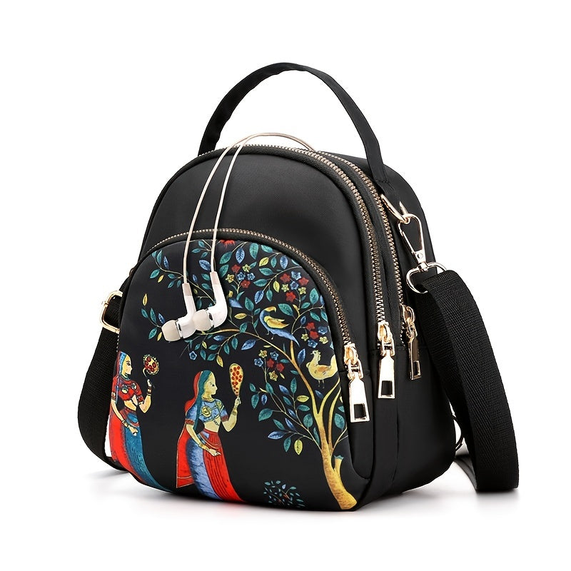 Small Fashion Print Crossbody Bag, Trendy Multi Zipper Sling Bag, Casual Bag With Adjustable Strap