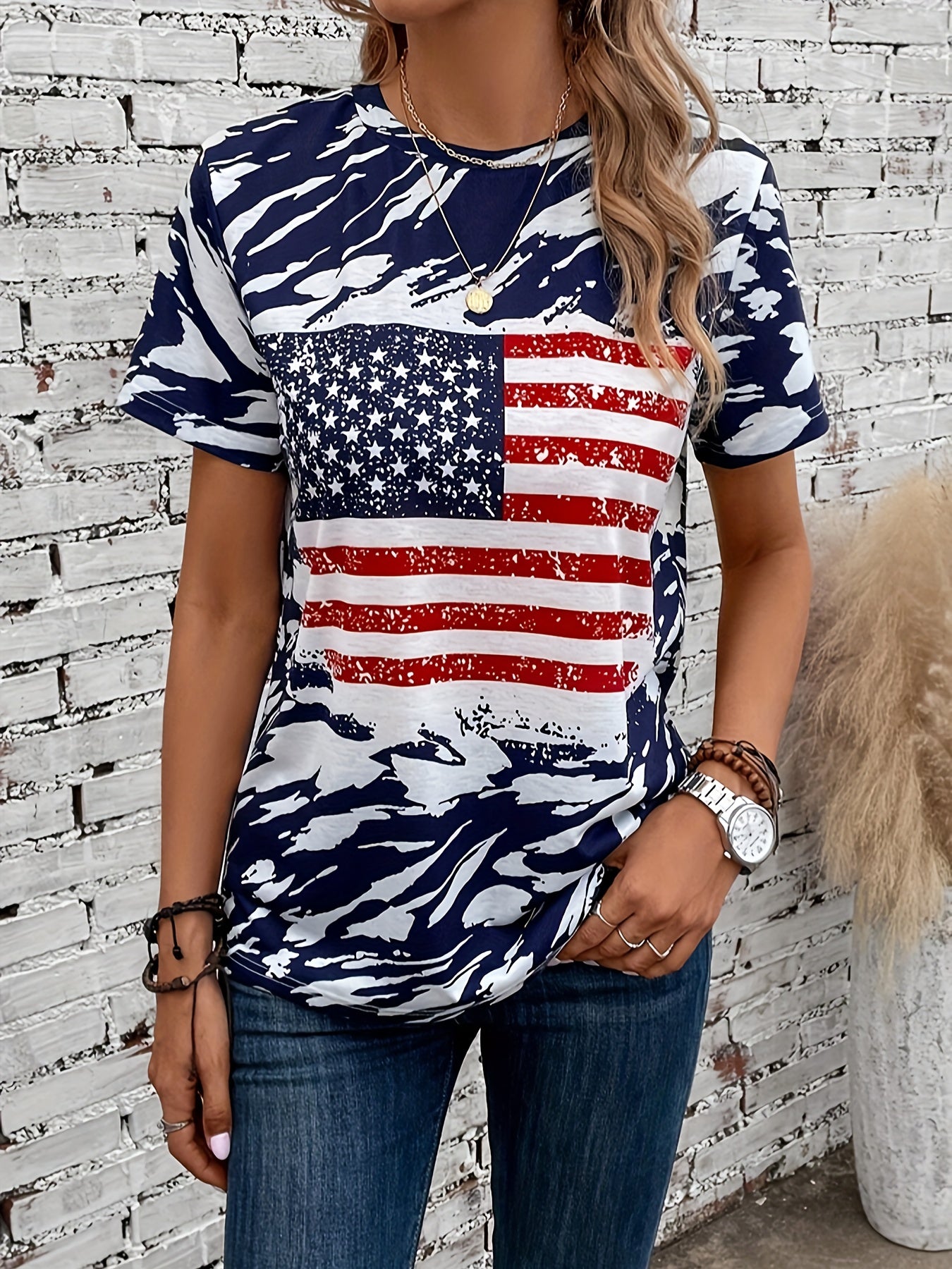 Maglietta Con Stampa Della Bandiera Americana, Maglietta Casual A Maniche Corte Per Primavera Ed Estate, Abbigliamento Da Donna