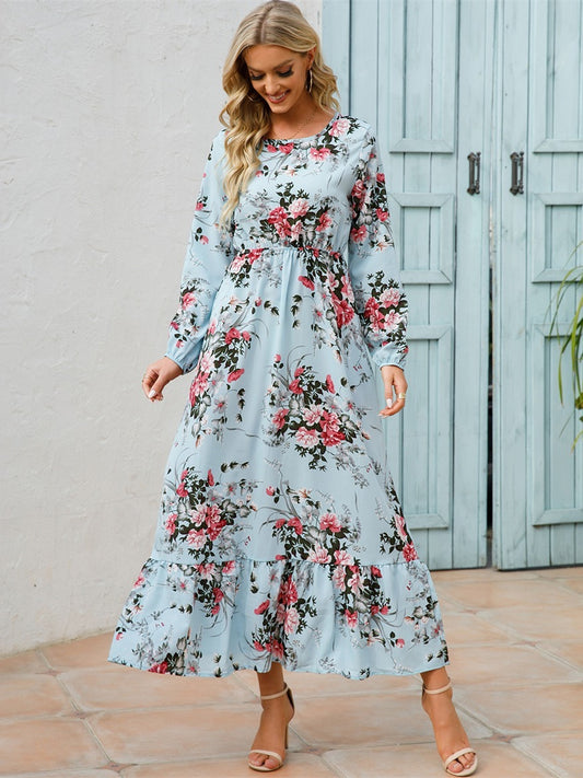 Floral Long Sleeve Maxi Dress, Long Sleeve Loose Crew Neck Dress, Casual Dresses For Spring & Summer, Women's Clothing