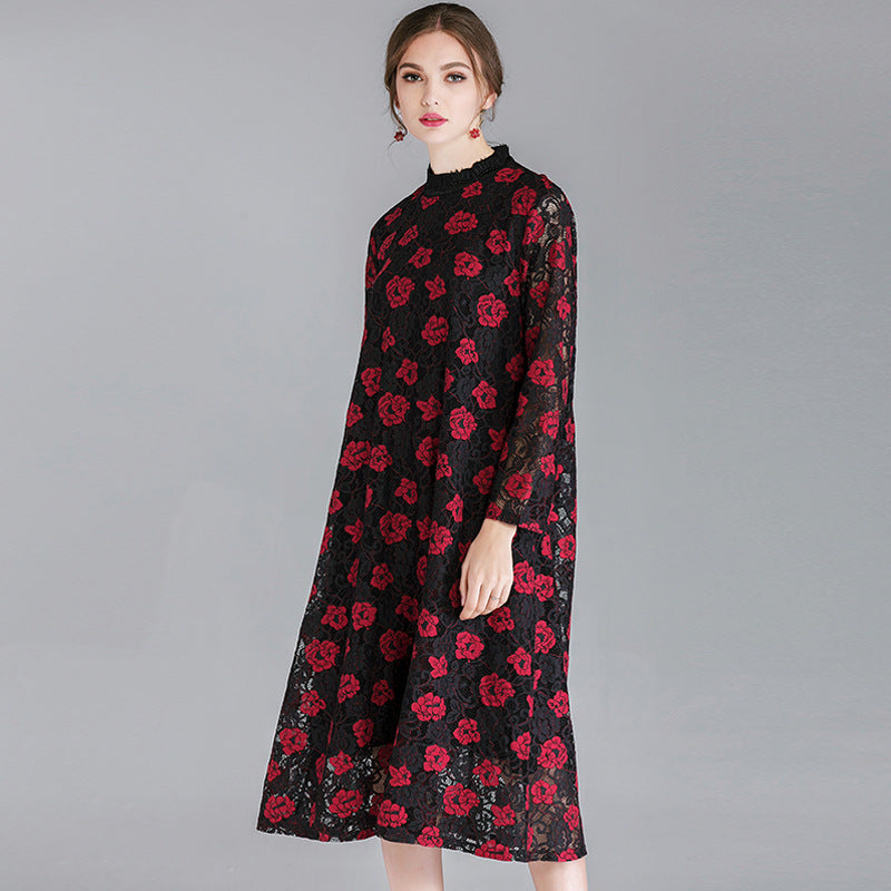 Fat mm2022 large size women's spring clothing new red festive small stand collar contrast color thin lace dress 7139