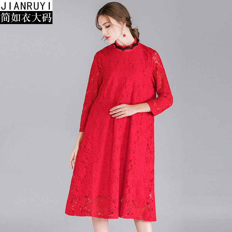 Fat mm2022 large size women's spring clothing new red festive small stand collar contrast color thin lace dress 7139