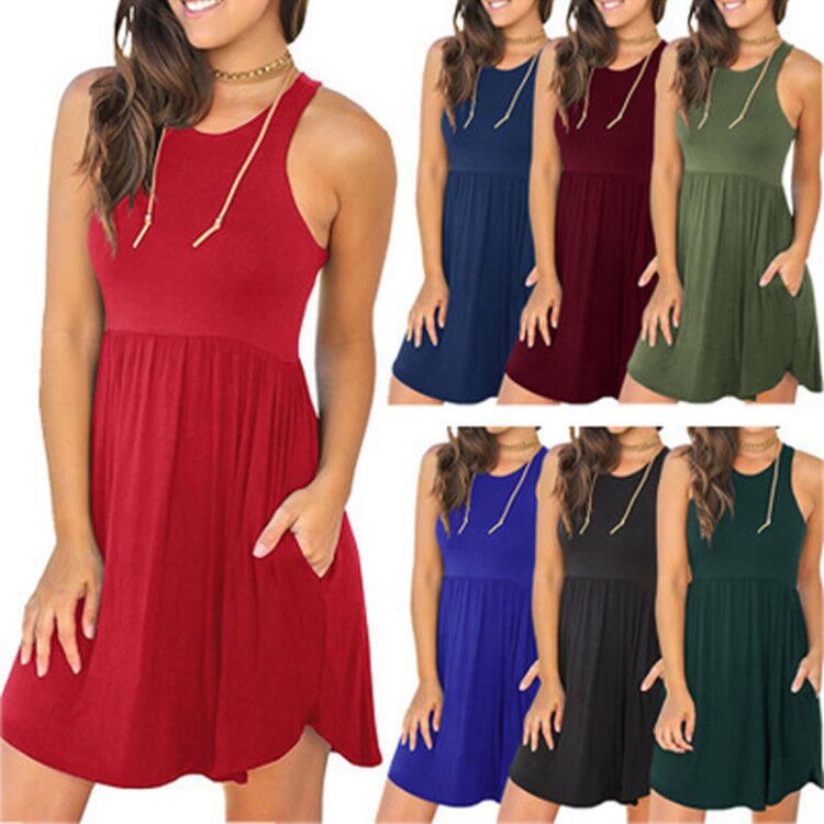 Amazon 2020 spring and summer round neck sleeveless vest pocket solid color dress cross-border