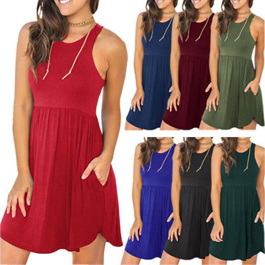 Amazon 2020 spring and summer round neck sleeveless vest pocket solid color dress cross-border