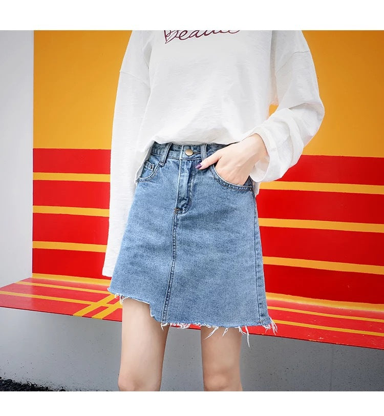 Spring and summer new new denim skirt A word skirt female long short skirt high waist bag hip irregular half-length skirt