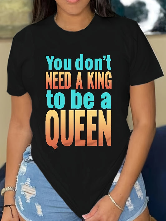 Queen Letter Print T-shirt, Short Sleeve Crew Neck Casual Top For Summer & Spring, Women's Clothing