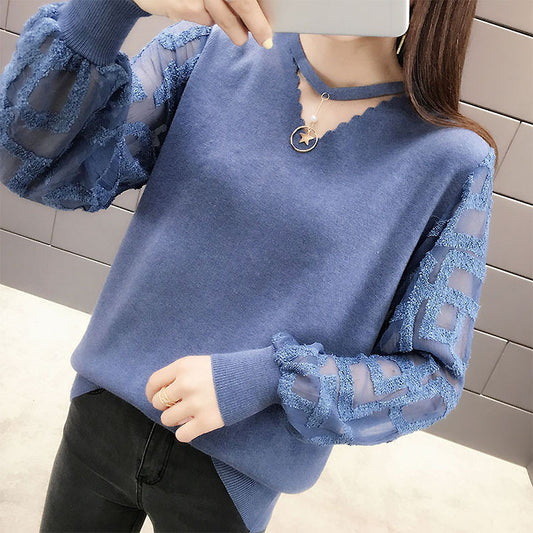 Autumn new women's clothing very fairy sweater women's bottoming shirt Korean version V neck splicing lace lantern sleeve sweater women