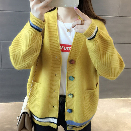 2021 new striped color matching sweater women's jacket Korea Ins autumn and winter V lead big button student knit cardigan female