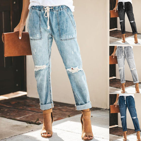 Cross-border European and American jeans 2021 spring and summer casual street tidal water wash fashion straight pants female broken cave jeans